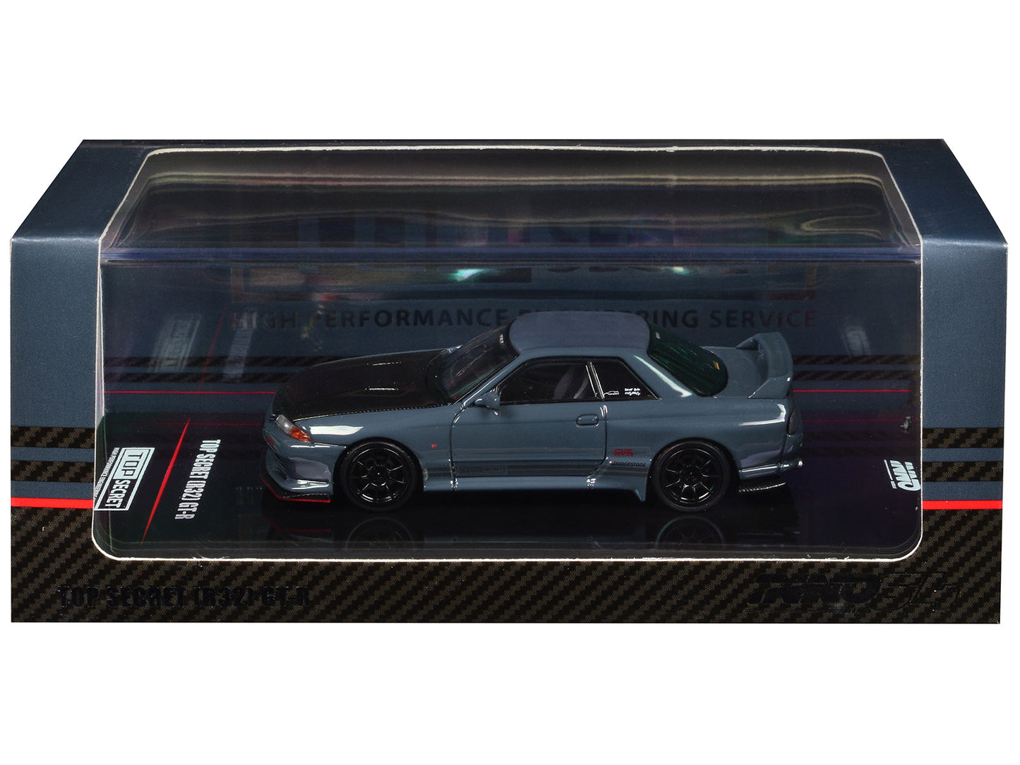 Nissan Skyline "Top Secret" GT-R (R32) RHD (Right Hand Drive) Stealth Gray with Carbon Hood 1/64 Diecast Model Car