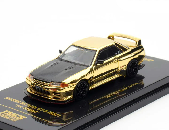 Nissan Skyline GT-R (R32) "Top Secret" RHD (Right Hand Drive) Chrome Gold with Carbon Hood "The Model Car Show Malaysia 2025 Event Edition" 1/64 Diecast Model Car