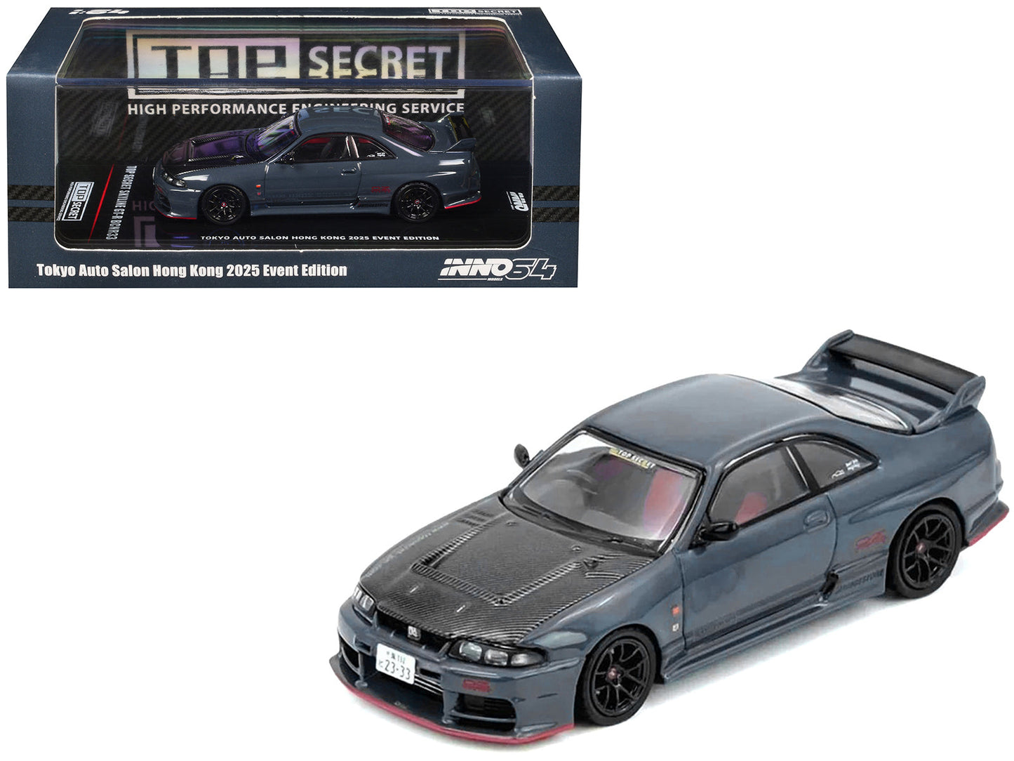 Nissan Top Secret Skyline GT-R (BCNR33) RHD (Right Hand Drive) Stealth Gray with Carbon Hood "Tokyo Auto Salon Hong Kong 2025 Event Edition" 1/64 Diecast Model Car
