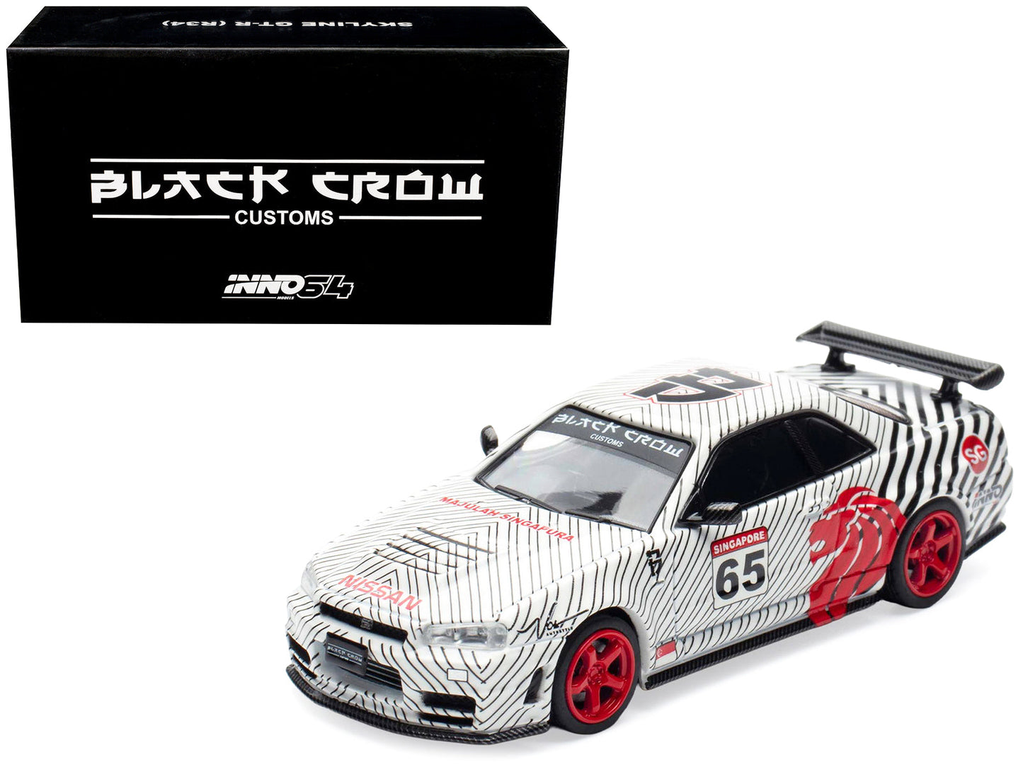 Nissan Skyline GT-R (R34) RHD (Right Hand Drive) #65 "Black Crow" White with Black Pinstripes "Singapore Diecast Expo 2025 Event Edition" 1/64 Diecast Model Car