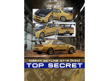 Nissan Skyline GT-R (R34) RHD (Right Hand Drive) "Top Secret" Gold Metallic with Carbon Hood and Trunk 1/64 Diecast Model Car