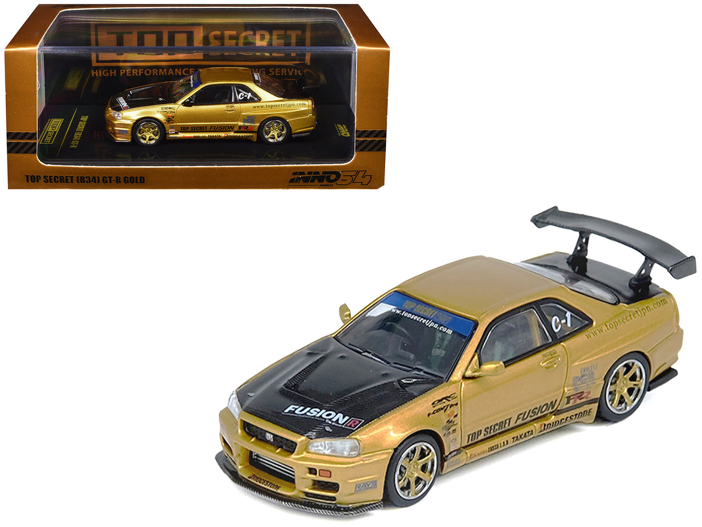 Nissan Skyline GT-R (R34) RHD (Right Hand Drive) "Top Secret" Gold Metallic with Carbon Hood and Trunk 1/64 Diecast Model Car