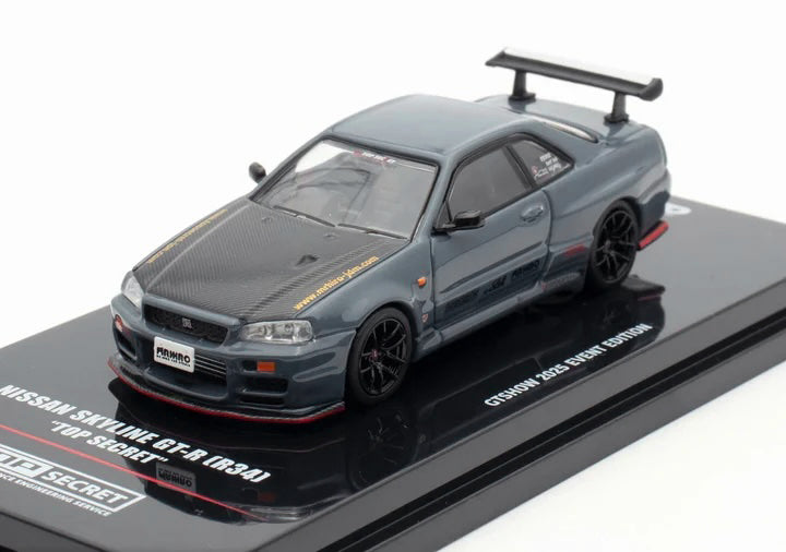 Nissan Skyline GT-R (R34) "Top Secret" RHD (Right Hand Drive) Stealth Gray with Carbon Hood "GTSHOW 2025 Event Edition" 1/64 Diecast Model Car
