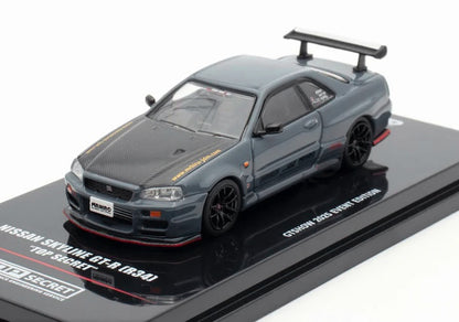 Nissan Skyline GT-R (R34) "Top Secret" RHD (Right Hand Drive) Stealth Gray with Carbon Hood "GTSHOW 2025 Event Edition" 1/64 Diecast Model Car