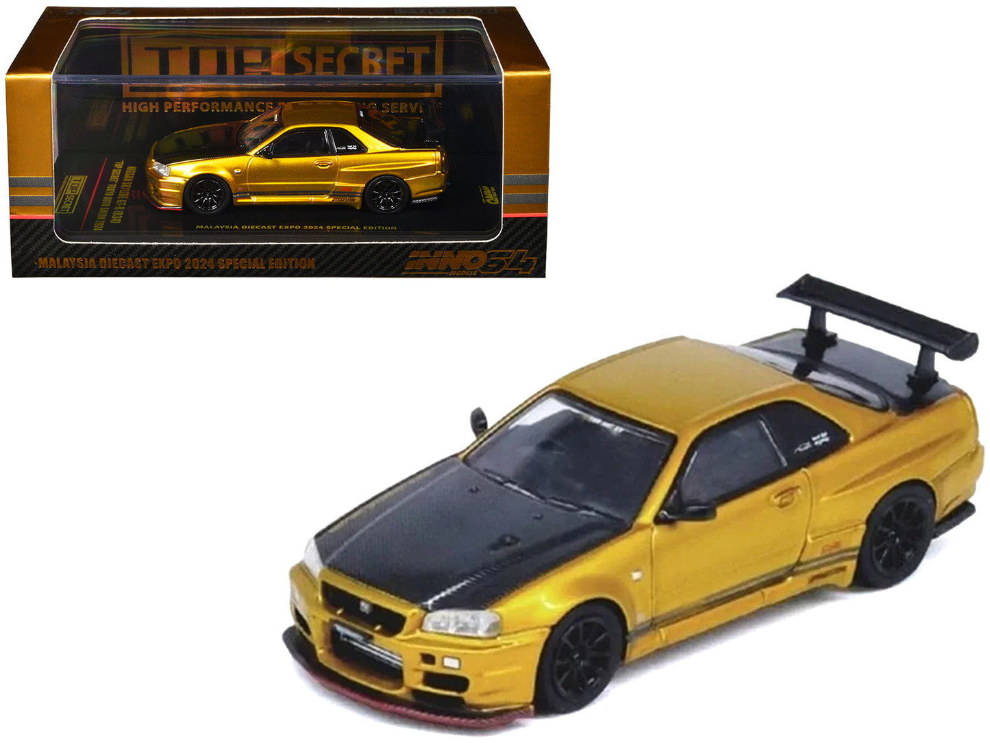 Nissan Skyline GT-R (R34) "Top Secret" RHD (Right Hand Drive) Gold Metallic with Carbon Hood and Trunk "Tokyo Auto Salon 2024 - Malaysia Diecast Expo 2024" 1/64 Diecast Model Car