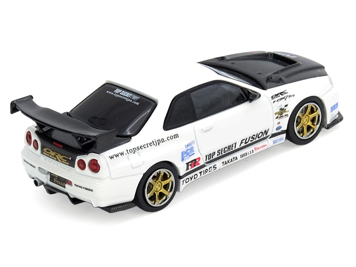 Nissan Skyline GT-R (R34) "Top Secret" RHD (Right Hand Drive) White with Carbon Hood 1/64 Diecast Model Car