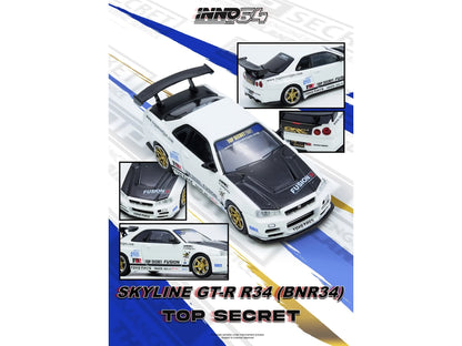 Nissan Skyline GT-R (R34) "Top Secret" RHD (Right Hand Drive) White with Carbon Hood 1/64 Diecast Model Car