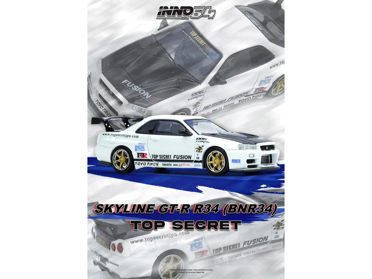 Nissan Skyline GT-R (R34) "Top Secret" RHD (Right Hand Drive) White with Carbon Hood 1/64 Diecast Model Car