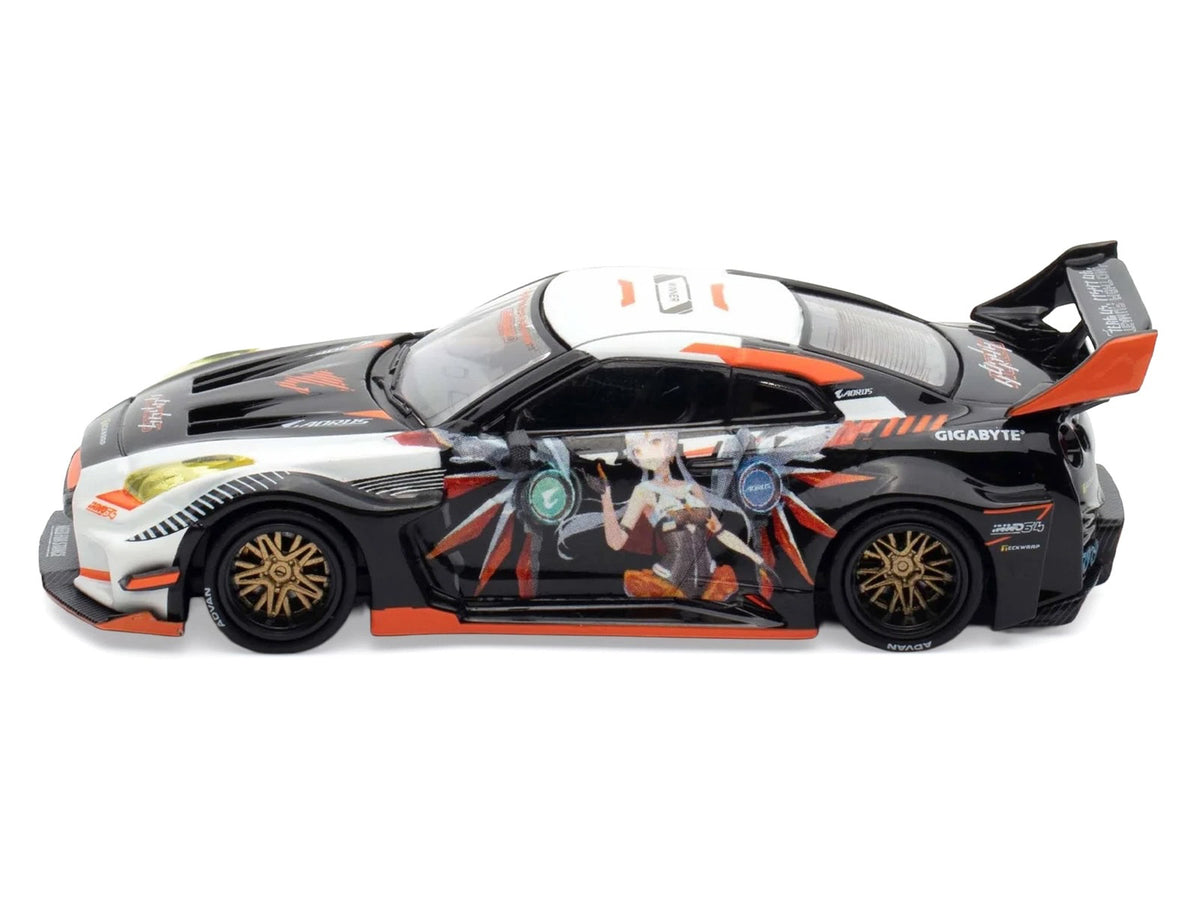 Nissan GT-R (R35) Widebody RHD (Right Hand Drive) Black and White with Graphics "AORUS X INNO64 Limited Edition" 1/64 Diecast Model Car