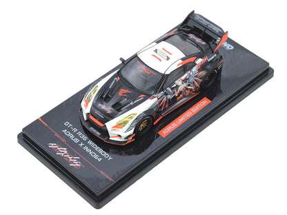 Nissan GT-R (R35) Widebody RHD (Right Hand Drive) Black and White with Graphics "AORUS X INNO64 Limited Edition" 1/64 Diecast Model Car