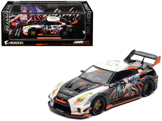 Nissan GT-R (R35) Widebody RHD (Right Hand Drive) Black and White with Graphics "AORUS X INNO64 Limited Edition" 1/64 Diecast Model Car