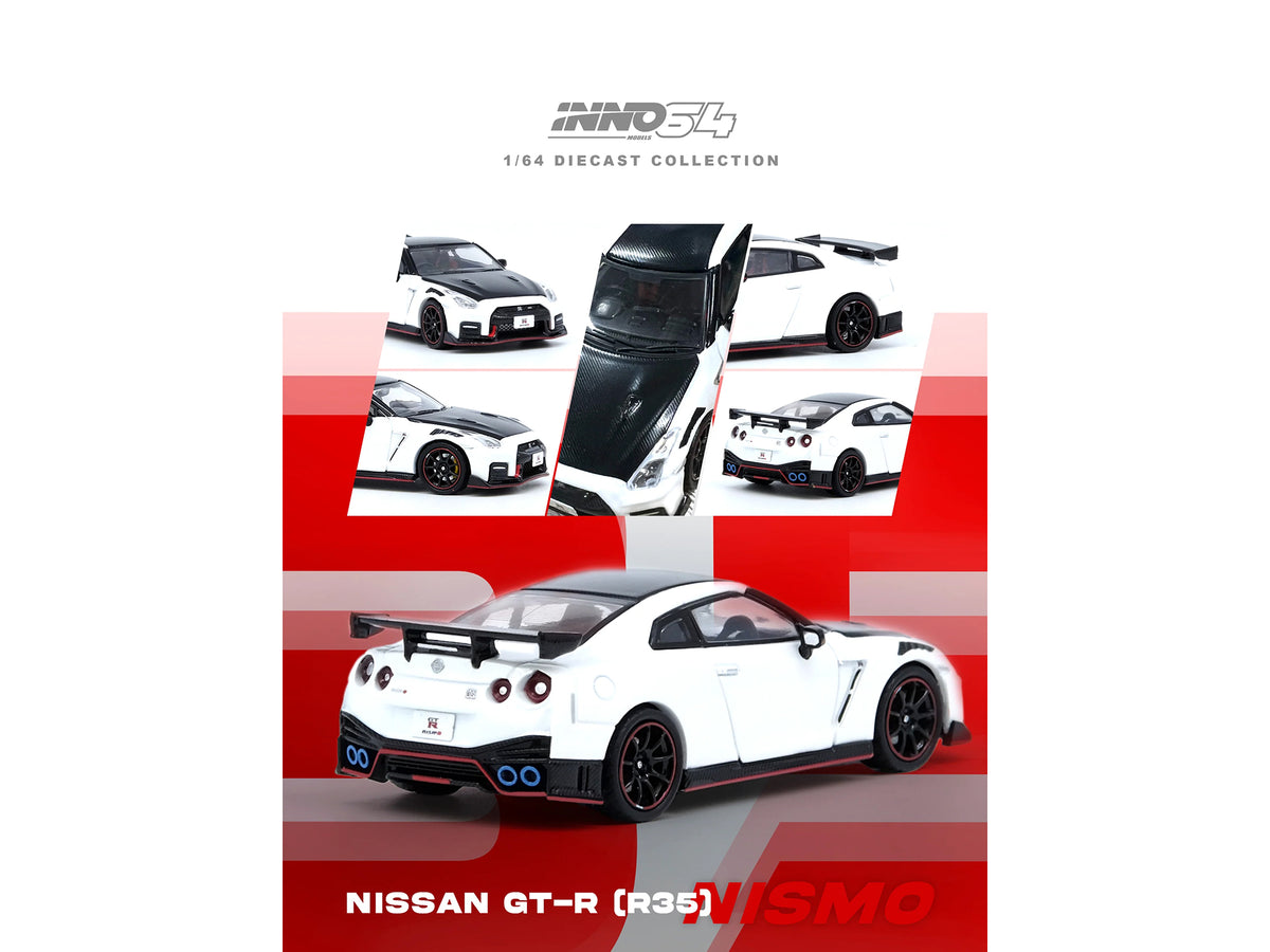 Nissan GT-R (R35) Nismo RHD (Right Hand Drive) White with Carbon Hood and Top 1/64 Diecast Model Car