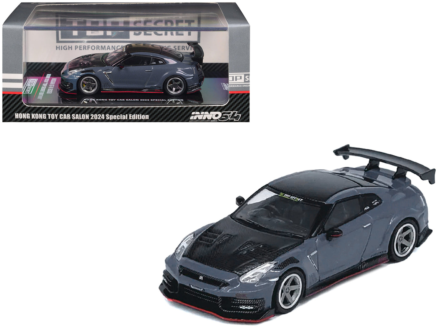 2024 Nissan GT-R (R35) Nismo "Top Secret" RHD (Right Hand Drive) Gray with Carbon Hood and Top "Hong Kong Toy Car Salon 2024 Special Edition" 1/64 Diecast Model Car