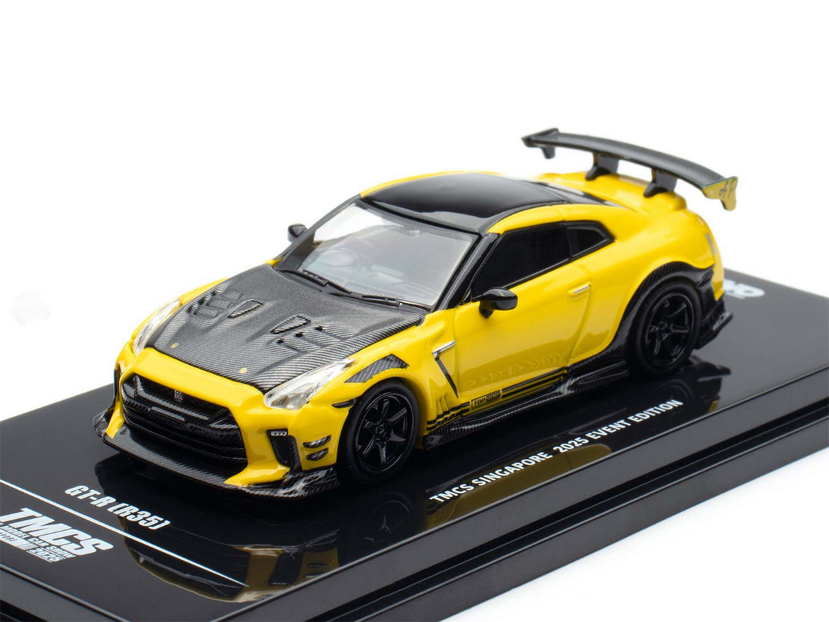 Nissan GT-R (R35) RHD (Right Hand Drive) Yellow with Carbon Hood and Black Top "The Model Car Show Singapore 2025 Event Edition" 1/64 Diecast Model Car