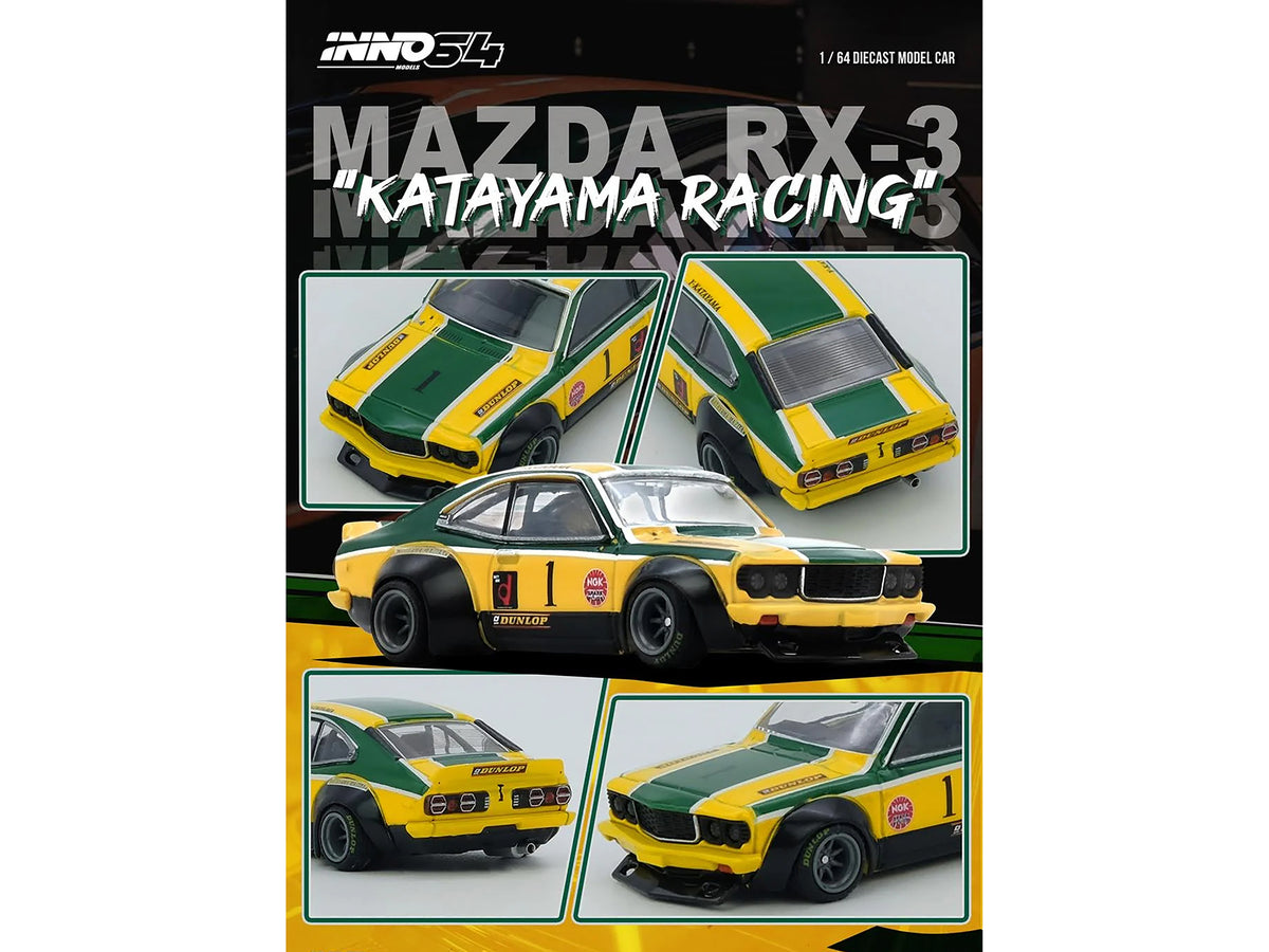 Mazda RX-3 Savanna RHD (Right Hand Drive) #1 "Katayama Racing Livery" Green and Yellow Striped 1/64 Diecast Model Car