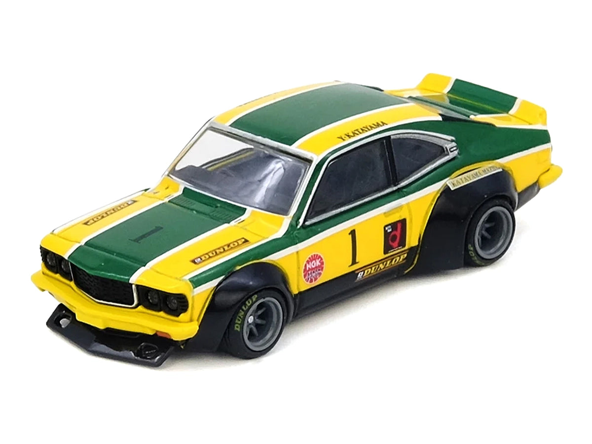 Mazda RX-3 Savanna RHD (Right Hand Drive) #1 "Katayama Racing Livery" Green and Yellow Striped 1/64 Diecast Model Car