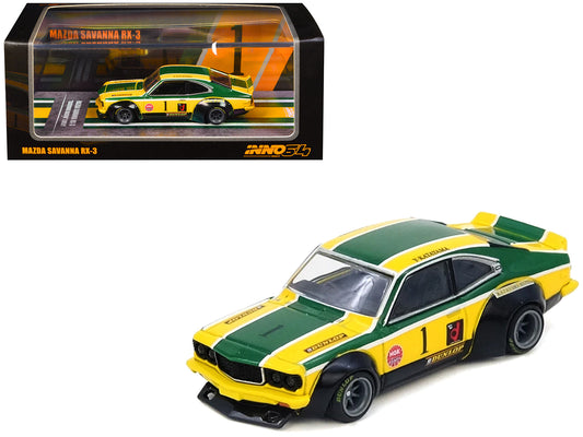 Mazda RX-3 Savanna RHD (Right Hand Drive) #1 "Katayama Racing Livery" Green and Yellow Striped 1/64 Diecast Model Car