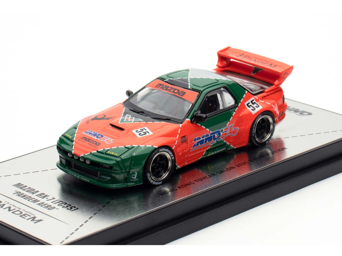 Mazda RX7 (FC3S) "Pandem Aero" RHD (Right Hand Drive) #55 Red and Green "Hong Kong Toycar Salon 2025 Event Edition" 1/64 Diecast Model Car