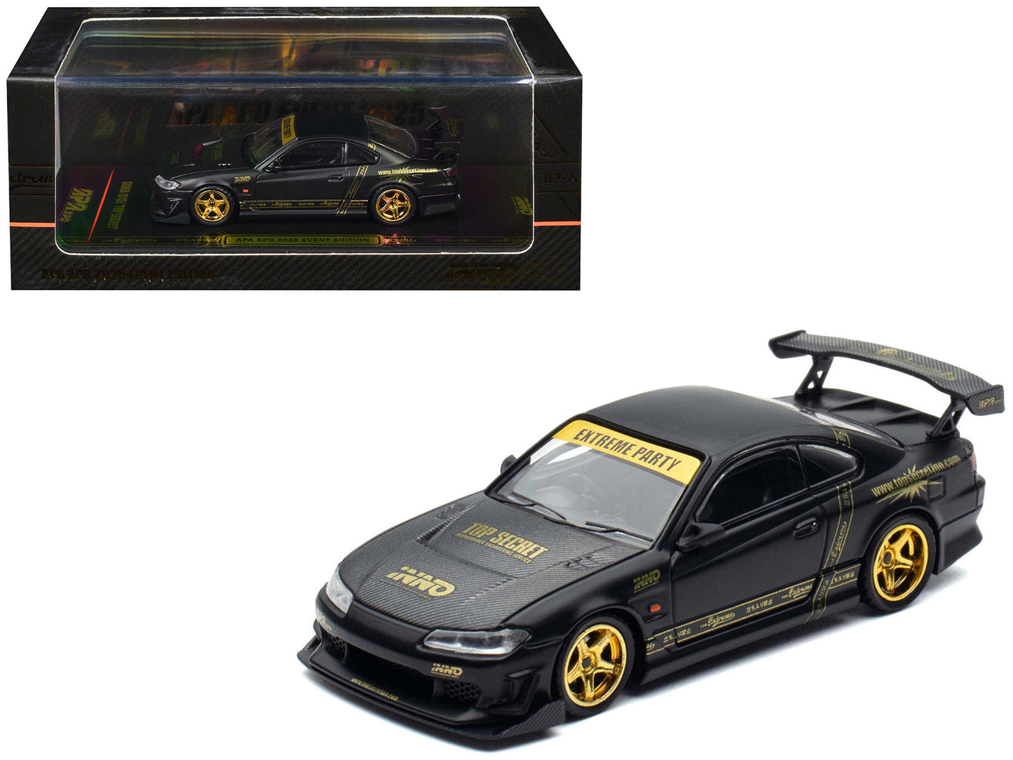 Nissan "Top Secret" Silvia (S15) RHD (Right Hand Drive) Matt Black with Carbon Hood "APA XPO 2025 Event Edition VIP Ticket Bundle" 1/64 Diecast Model Car