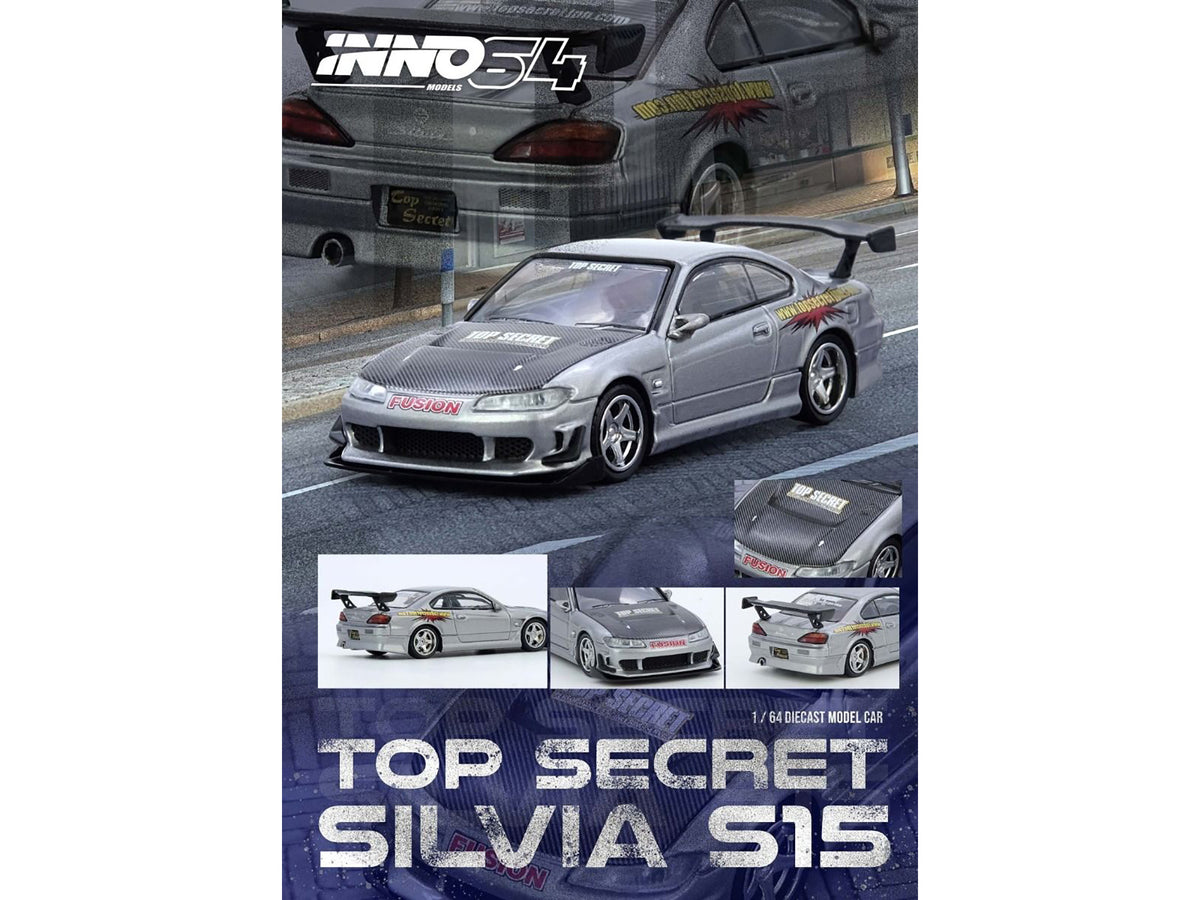 Nissan "Top Secret" Silvia (S15) RHD (Right Hand Drive) Silver Metallic with Carbon Hood 1/64 Diecast Model Car