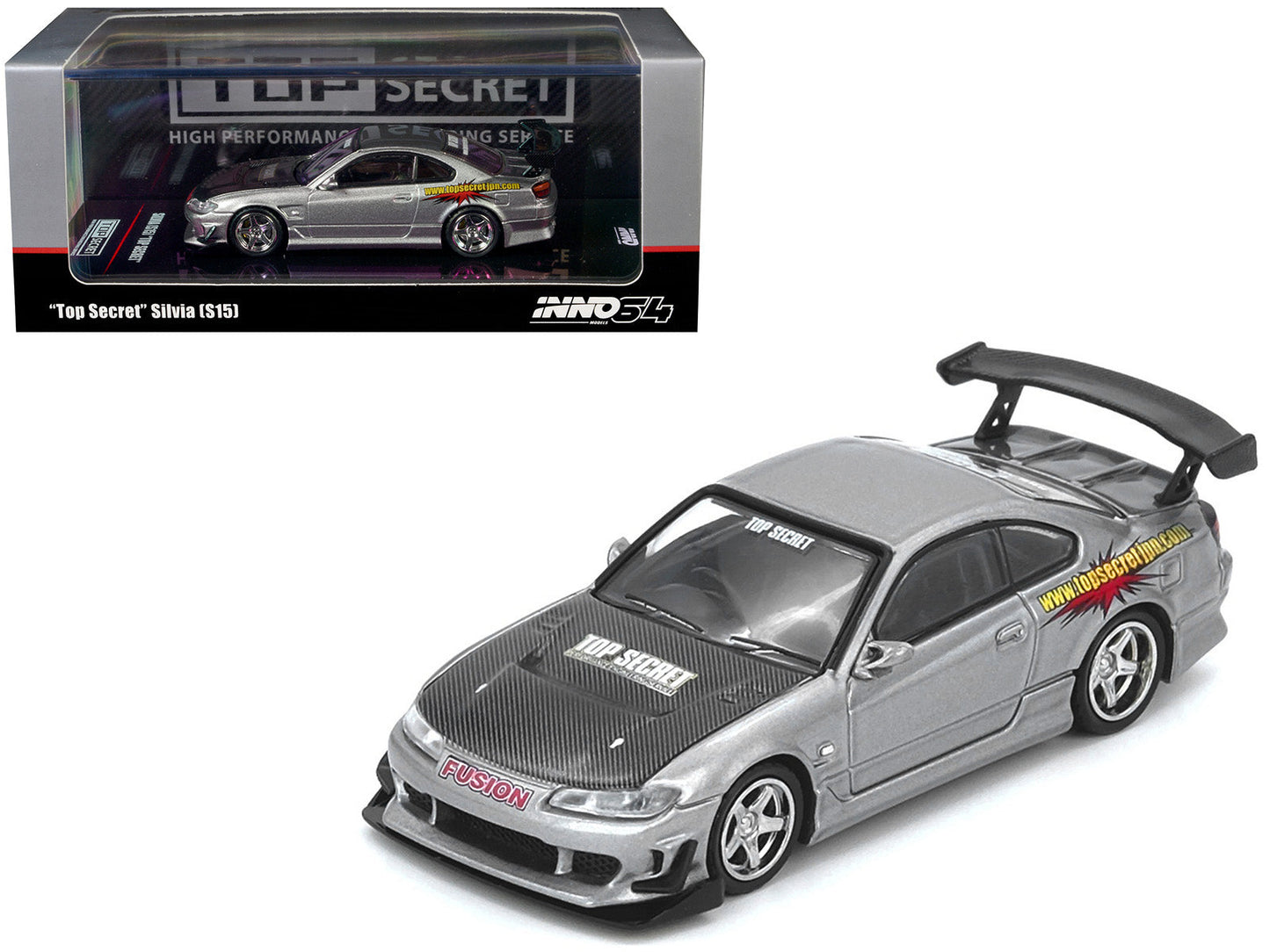 Nissan "Top Secret" Silvia (S15) RHD (Right Hand Drive) Silver Metallic with Carbon Hood 1/64 Diecast Model Car