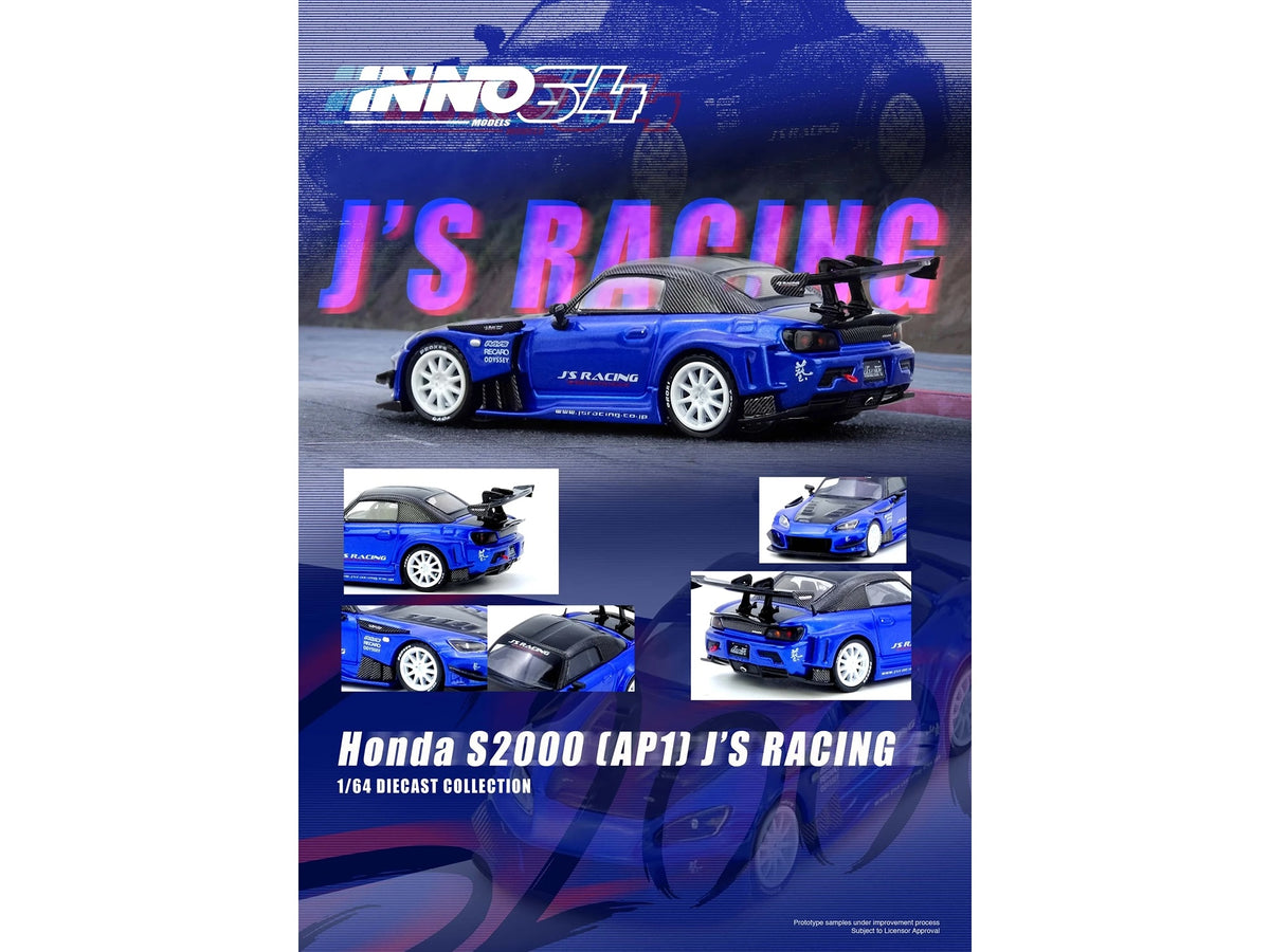Honda S2000 RHD (Right Hand Drive) "J's Racing" Blue Metallic with Carbon Hood and Top 1/64 Diecast Model Car