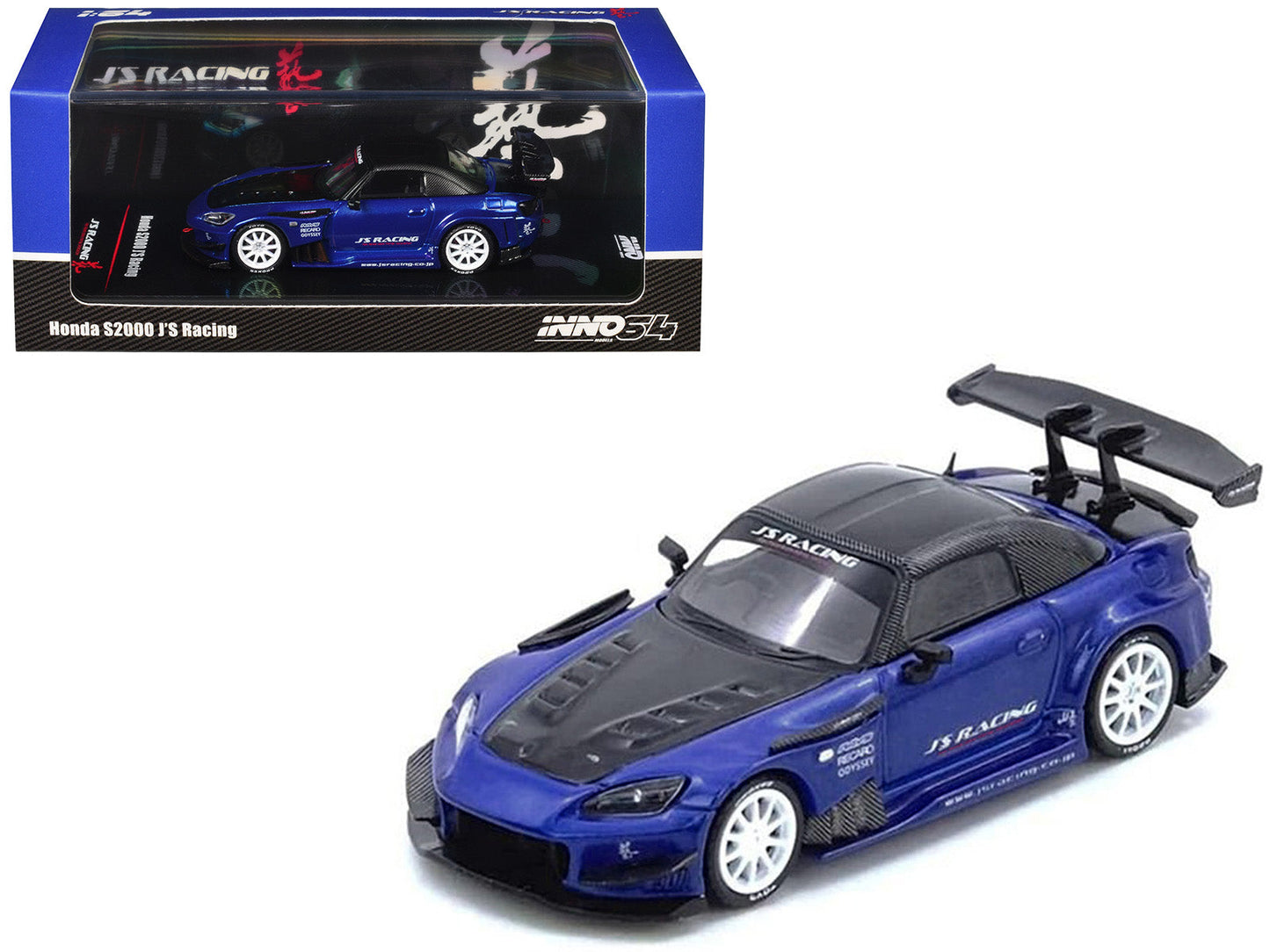 Honda S2000 RHD (Right Hand Drive) "J's Racing" Blue Metallic with Carbon Hood and Top 1/64 Diecast Model Car