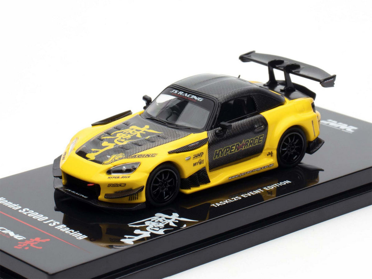 Honda S2000 RHD (Right Hand Drive) "J's Racing" Yellow with Carbon Hood and Top with Graphics "Tokyo Auto Salon Kuala Lumpur 2025 Event Edition" 1/64 Diecast Model Car