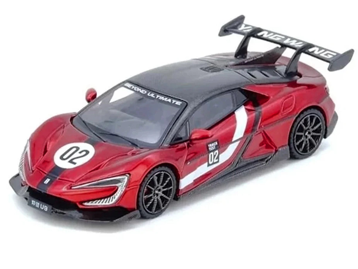 2025 Yangwang U9 Xtreme Test Car #02 Red Metallic with White Stripes and Carbon Top "World Fastest EV Supercar" 1/64 Diecast Model Car