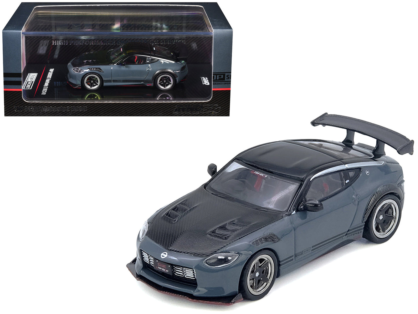 Nissan Fairlady Z "Top Secret" (RZ34) RHD (Right Hand Drive) Stealth Gray with Carbon Hood and Black Top 1/64 Diecast Model Car