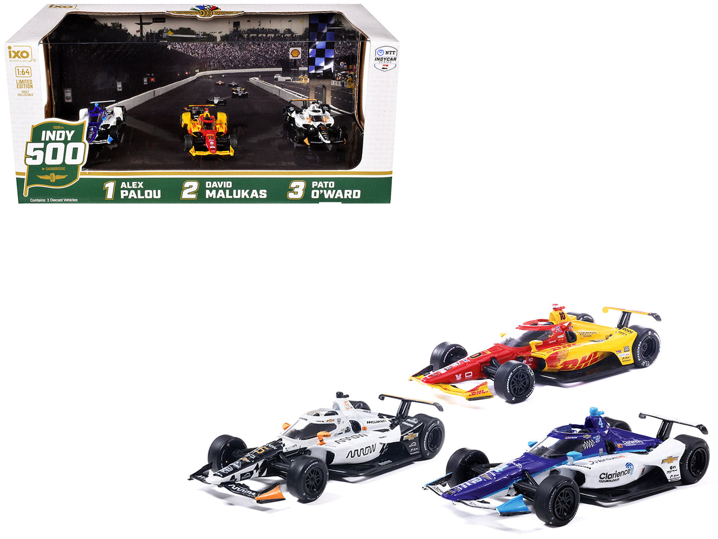 "109th Indianapolis 500" (2025) Podium Set of 3 IndyCars 1/64 Diecast Model Cars