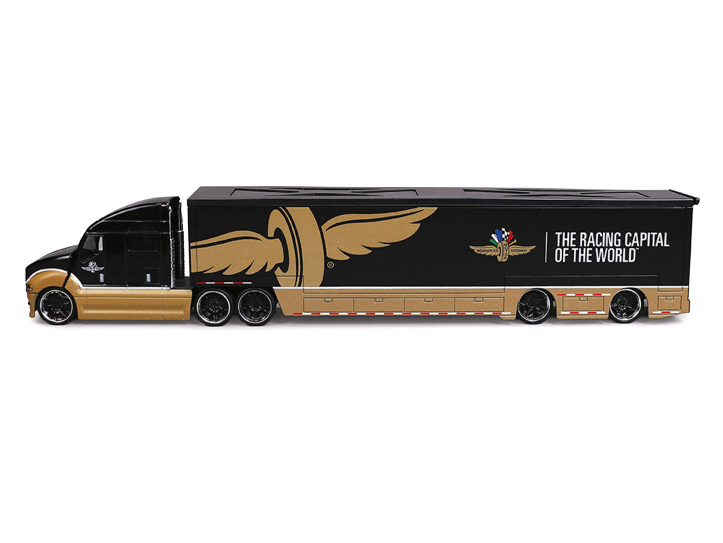Indianapolis Motor Speedway Hauler Black and Gold 1/64 Diecast Model Car