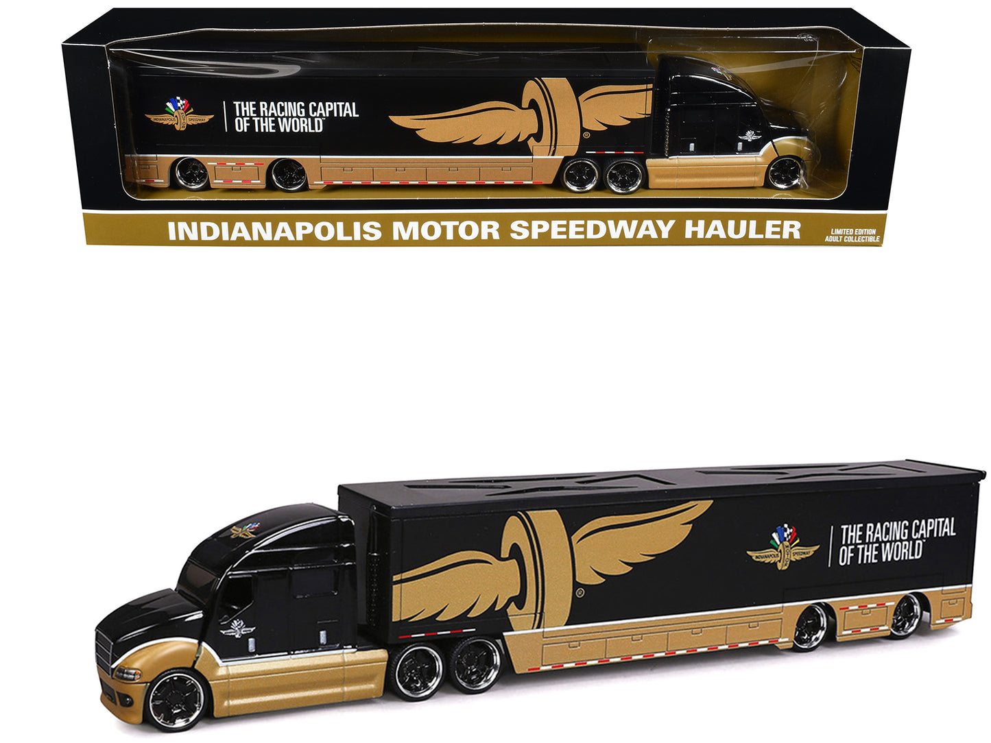 Indianapolis Motor Speedway Hauler Black and Gold 1/64 Diecast Model Car
