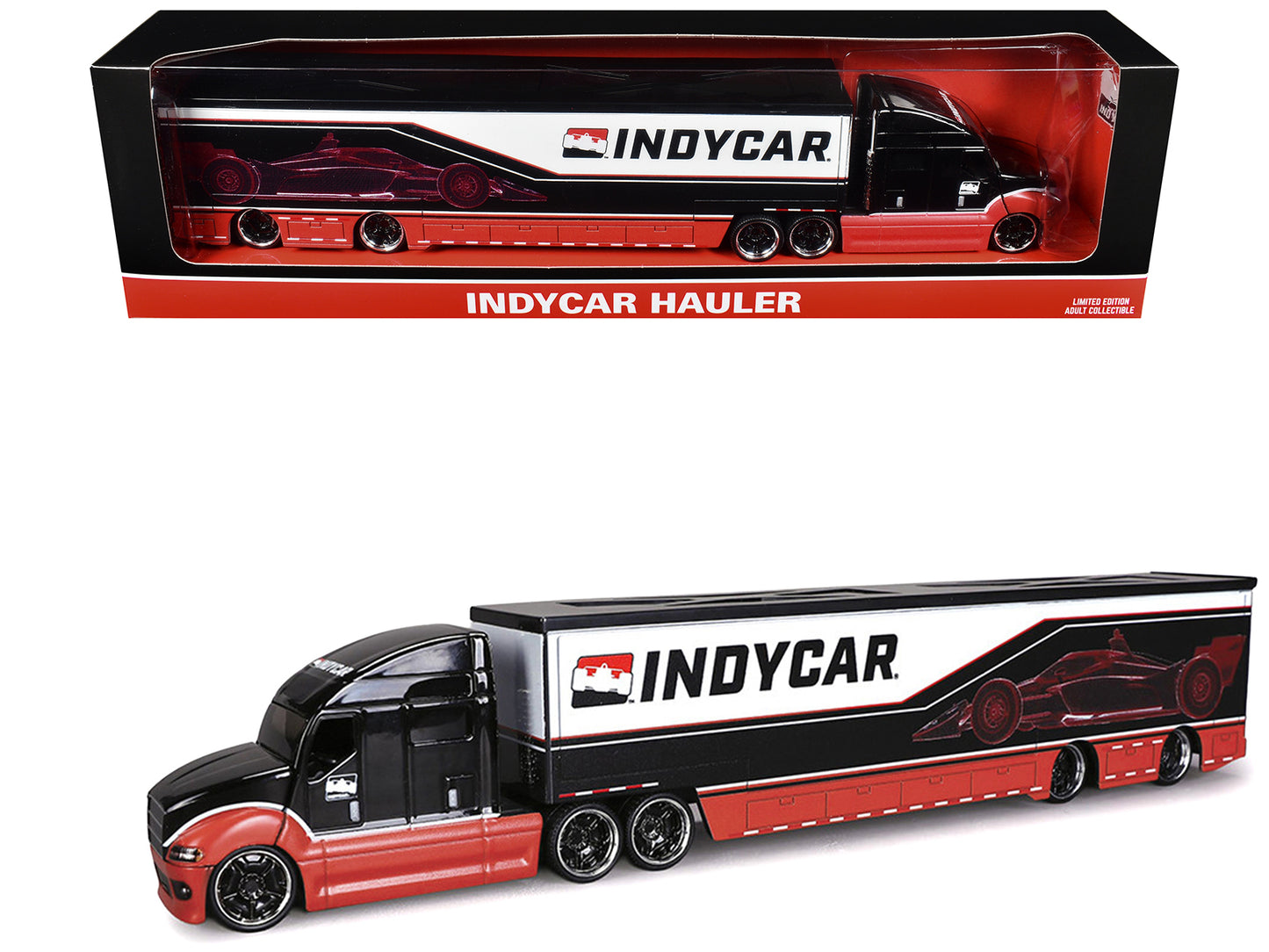 IndyCar Hauler Black and Red with Graphics 1/64 Diecast Model Car