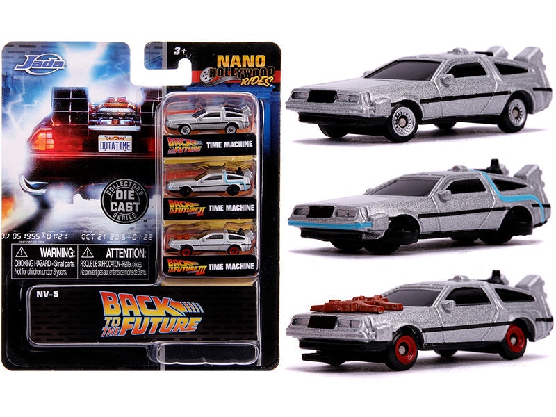 "Back to the Future" Time Machine 3 piece Set "Nano Hollywood Rides" Diecast Model Cars