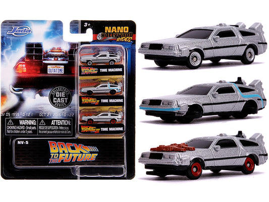 "Back to the Future" Time Machine 3 piece Set "Nano Hollywood Rides" Diecast Model Cars