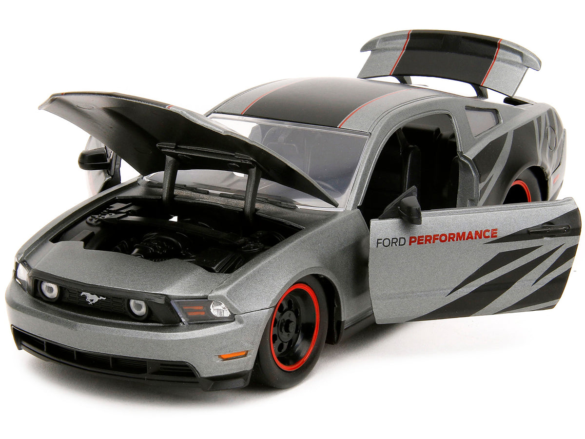 2010 Ford Mustang GT Matt Gray Metallic with Black Graphics and Stripes "Ford Performance" "Bigtime Muscle" Series 1/24 Diecast Model Car
