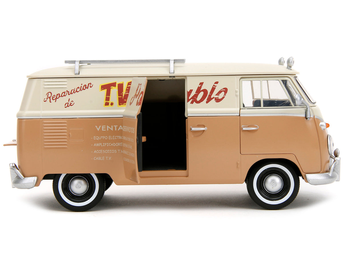 Volkswagen Bus "WheelJack" Tan and Beige "Frank's TV Repair" and Transformers Logo Diecast Statue "Transformers: Rise of the Beasts" (2023) Movie "Hollywood Rides" Series 1/24 Diecast Model Car
