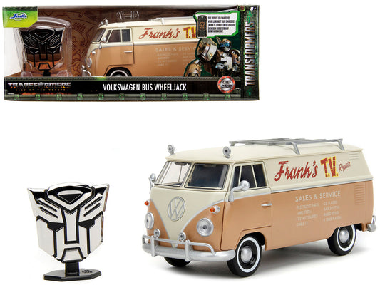 Volkswagen Bus "WheelJack" Tan and Beige "Frank's TV Repair" and Transformers Logo Diecast Statue "Transformers: Rise of the Beasts" (2023) Movie "Hollywood Rides" Series 1/24 Diecast Model Car