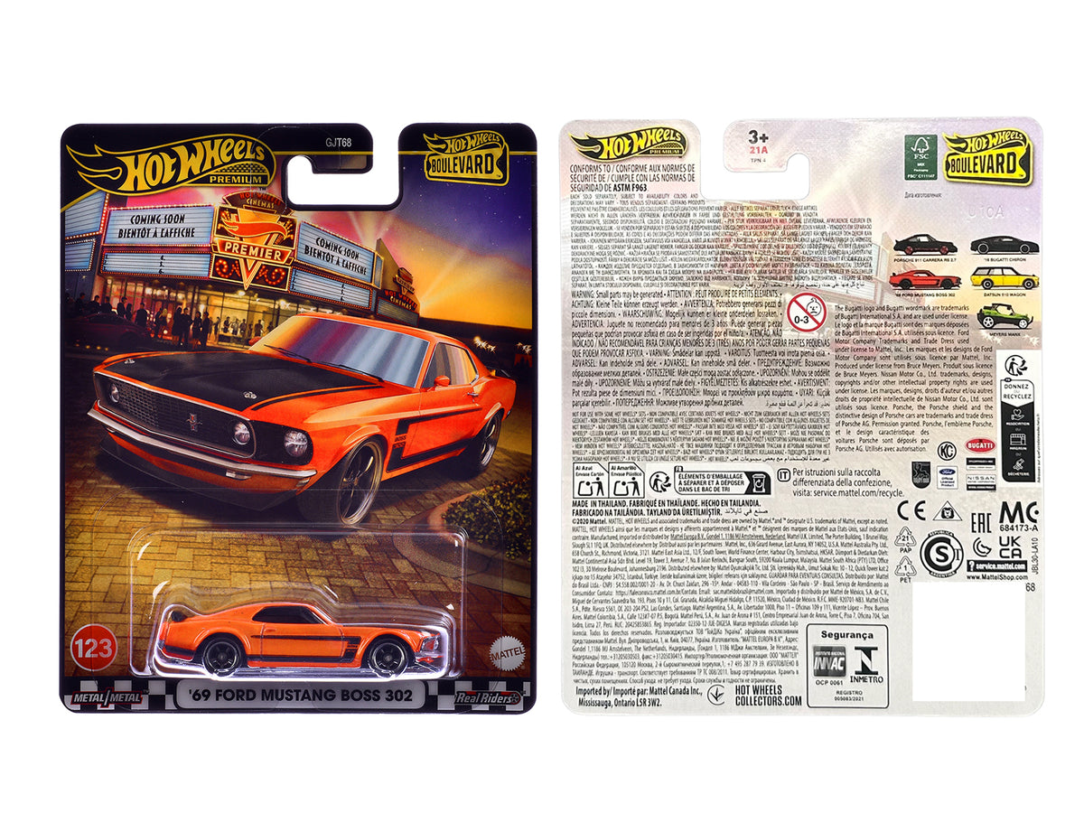 1969 Ford Mustang Boss 302 Orange with Black Stripes and Hood "Boulevard" Series Diecast Model Car