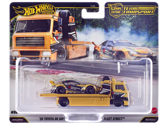 Fleet Street Flatbed Truck Yellow with Graphics and 2020 Toyota GR Supra #15 Yellow with Black Graphics "Papadakis Racing" "Team Transport - Car Culture" Series Diecast Model Cars