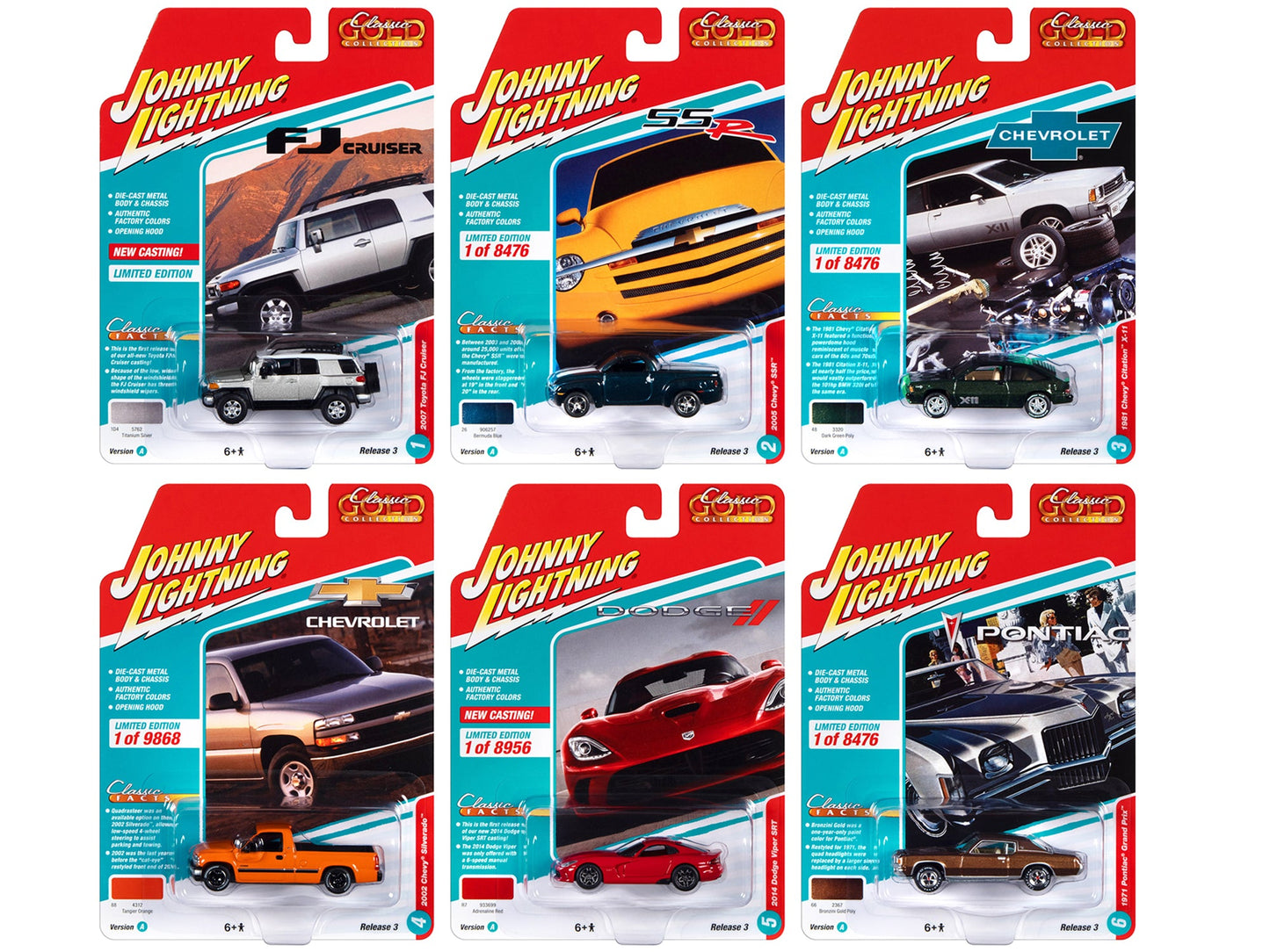 "Classic Gold Collection" 2022 Set A of 6 Cars Release 3 1/64 Diecast Model Cars