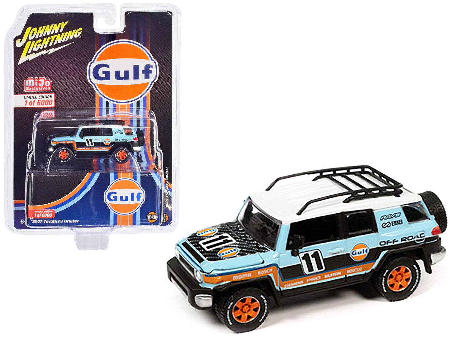 2007 Toyota FJ Cruiser #11 Light Blue "Gulf Oil" with Roofrack Limited Edition to 6000 pieces Worldwide 1/64 Diecast Model Car