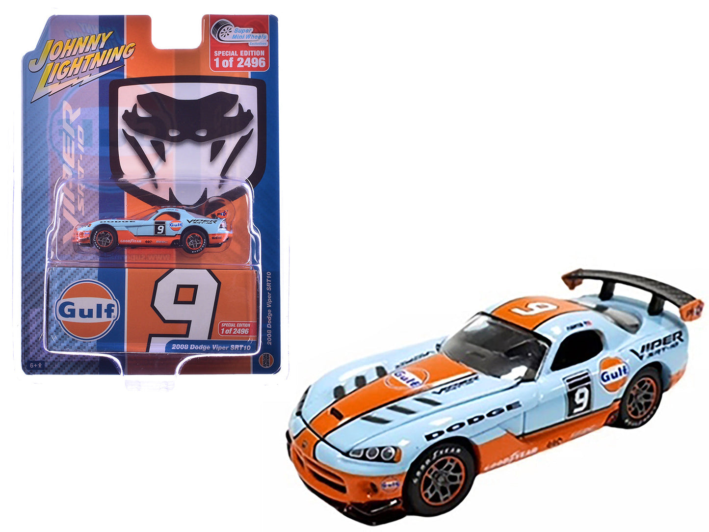 2008 Dodge Viper SRT10 #9 "Gulf Oil" Light Blue and Orange Limited Edition to 2496 pieces Worldwide 1/64 Diecast Model Car