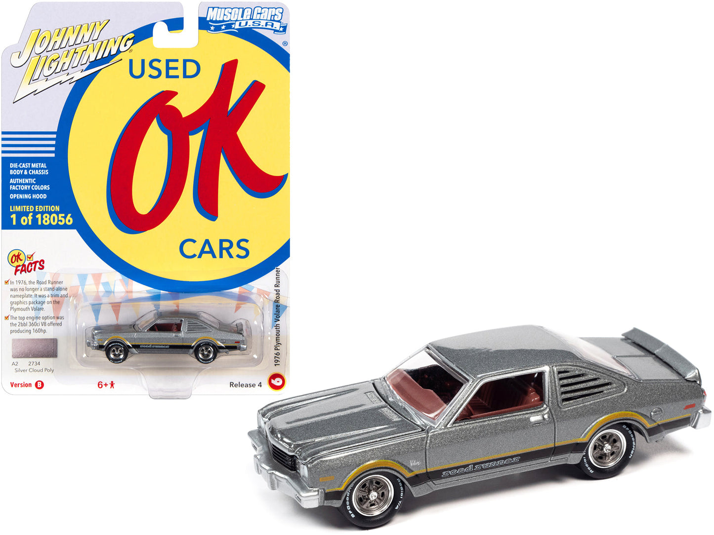 1976 Plymouth Volare Road Runner Silver Cloud Metallic with Stripes "OK Used Cars" Series Limited Edition to 18056 pieces Worldwide 1/64 Diecast Model Car