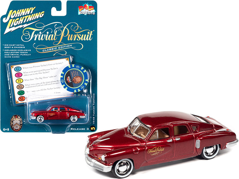 1948 Tucker Torpedo Red Maroon Metallic "Tucker: The Man and His Dream" (1988) Movie with Poker Chip (Collector Token) and Game Card "Trivial Pursuit" "Pop Culture" Series 3 1/64 Diecast Model Car