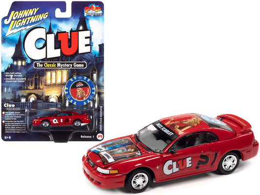 2000 Ford Mustang "Miss Scarlet" Red with Graphics with Poker Chip (Collector Token) "Modern Clue" "Pop Culture" 2022 Release 1 1/64 Diecast Model Car