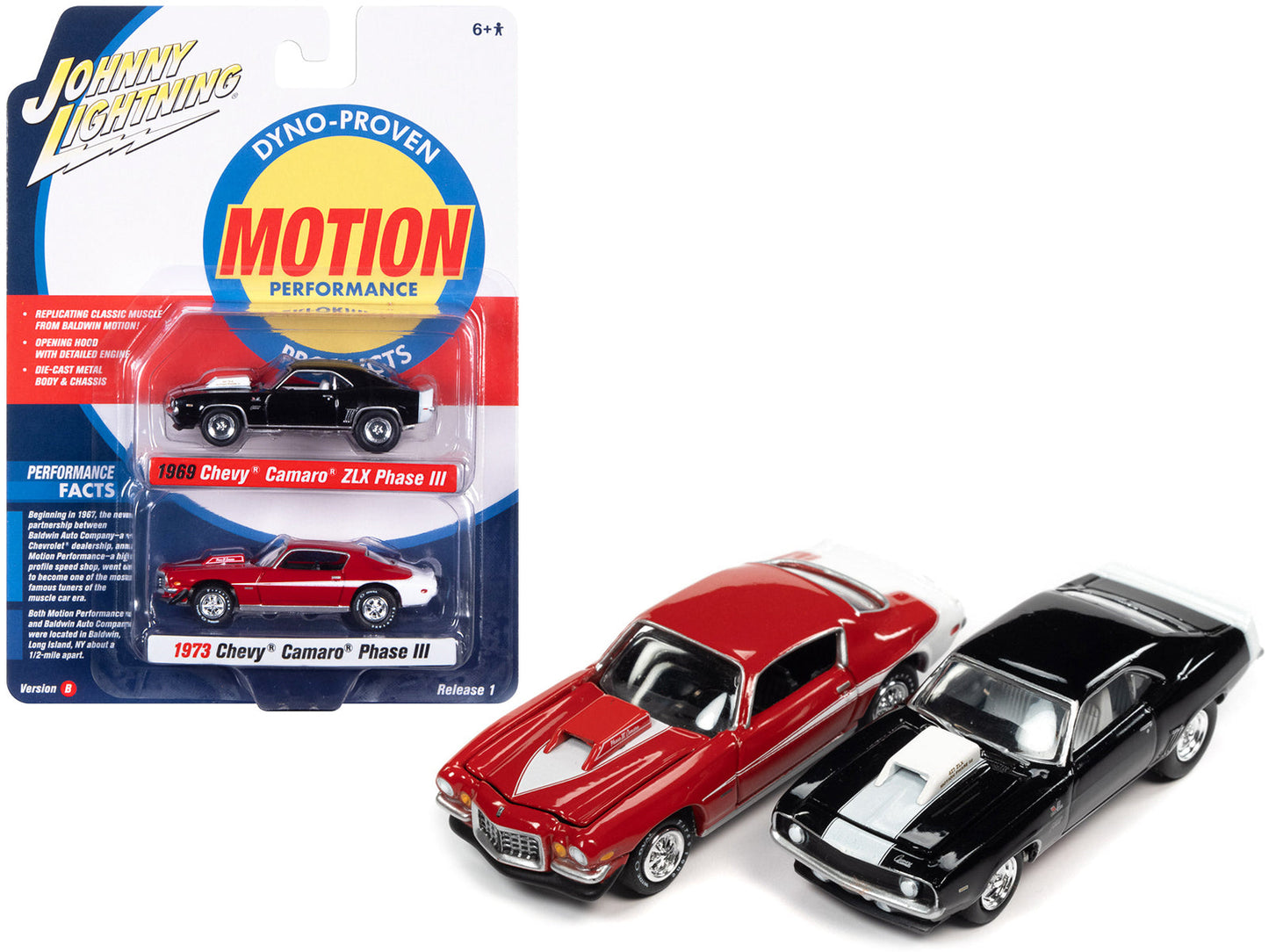 1969 Chevrolet Camaro ZLX Phase III Black with White Stripes and 1973 Chevrolet Camaro Phase III Medium Red and White "Baldwin Motion" Set of 2 Cars 1/64 Diecast Model Cars
