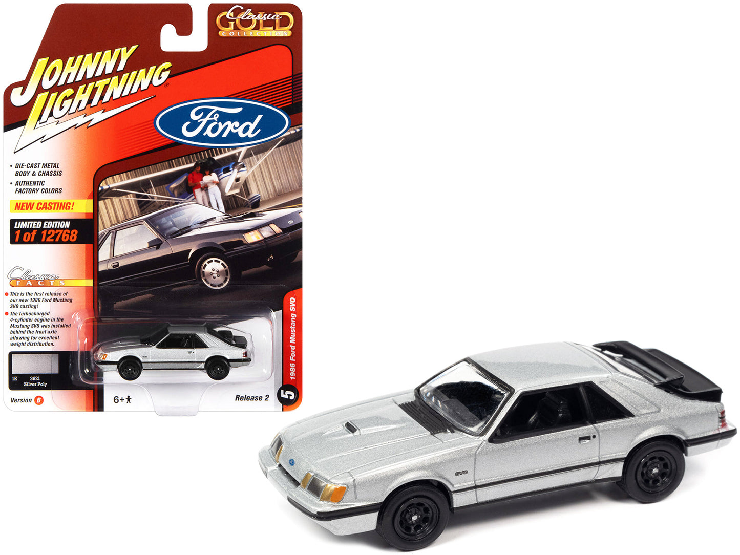 1986 Ford Mustang SVO Silver Metallic with Black Stripes "Classic Gold Collection" Series Limited Edition to 12768 pieces Worldwide 1/64 Diecast Model Car
