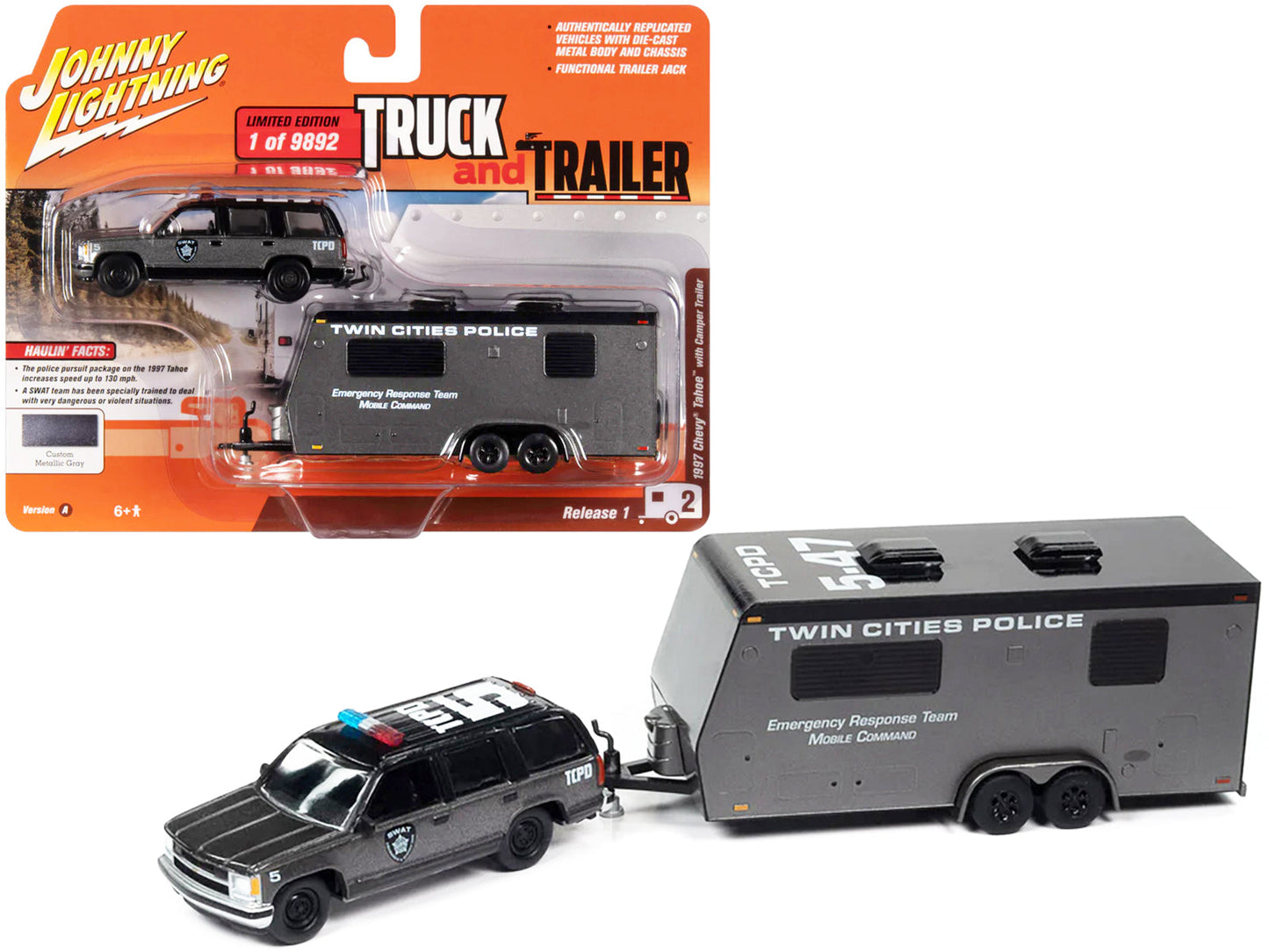 1997 Chevrolet Tahoe "SWAT" Custom Gray Metallic and Black with "Twin Cities Police" Camper Trailer Limited Edition to 9892 pieces Worldwide "Truck and Trailer" Series 1/64 Diecast Model Car